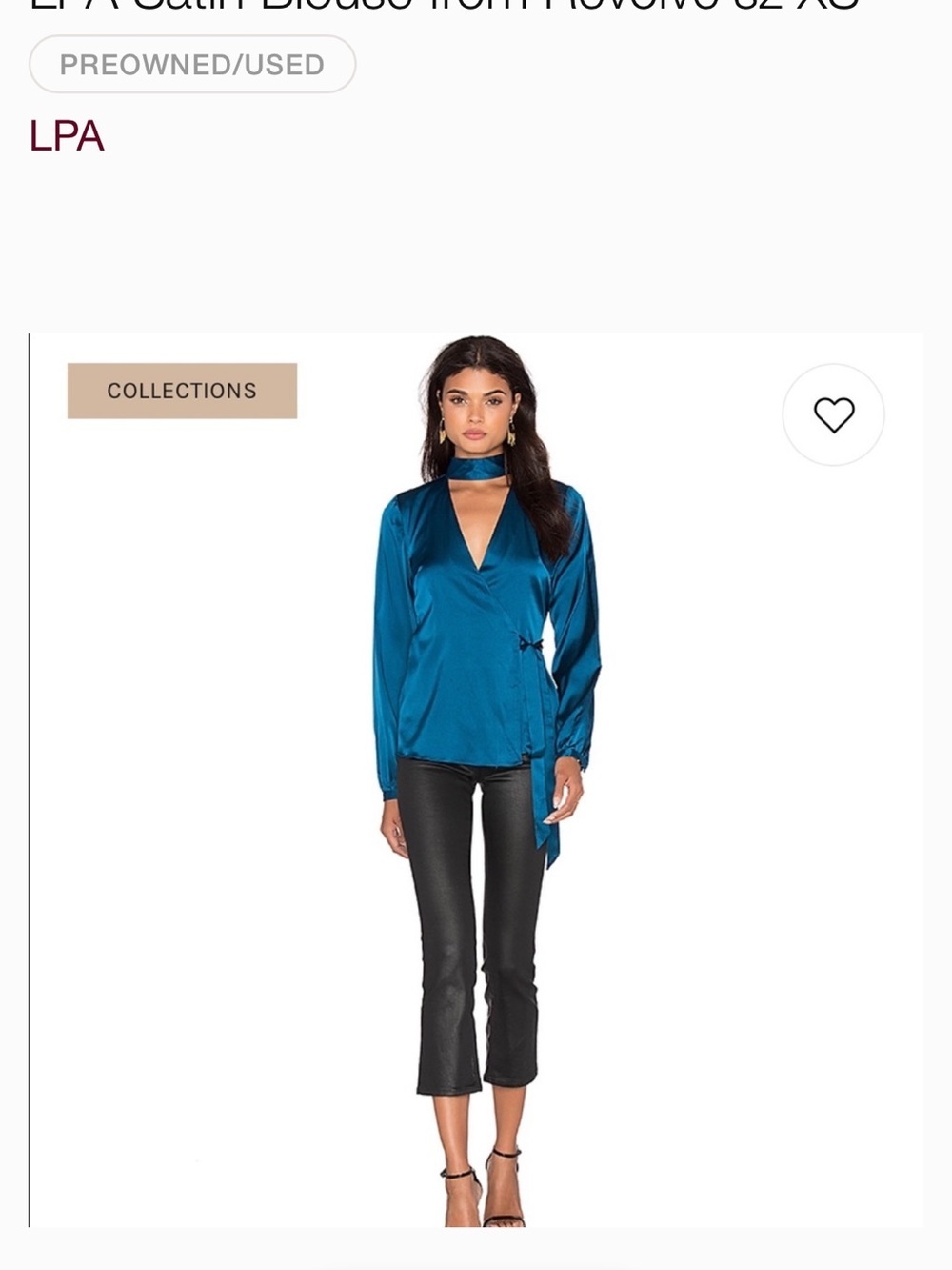 LPA Teal Satin Wrap Blouse with Neck Tie Collar